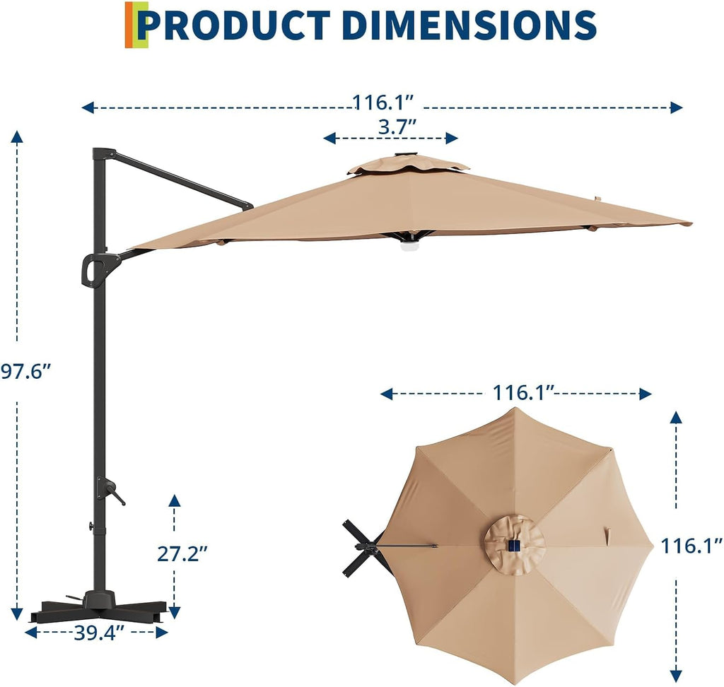 Takywep 10ft Cantilever Patio Umbrella, Outdoor Umbrella 360-degree Rotation, Solar-powered LED lights, Easy-Tilt Mechanism, for Decks, Poolside and Backyard Relaxation