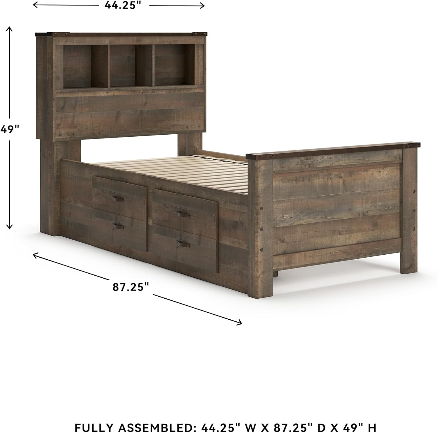 Signature Design by Ashley Trinell Casual Twin Bookcase Platform Bed with 2 Storage Drawers and Nailheads, Foundation or Box Spring Not Needed, Dark Brown
