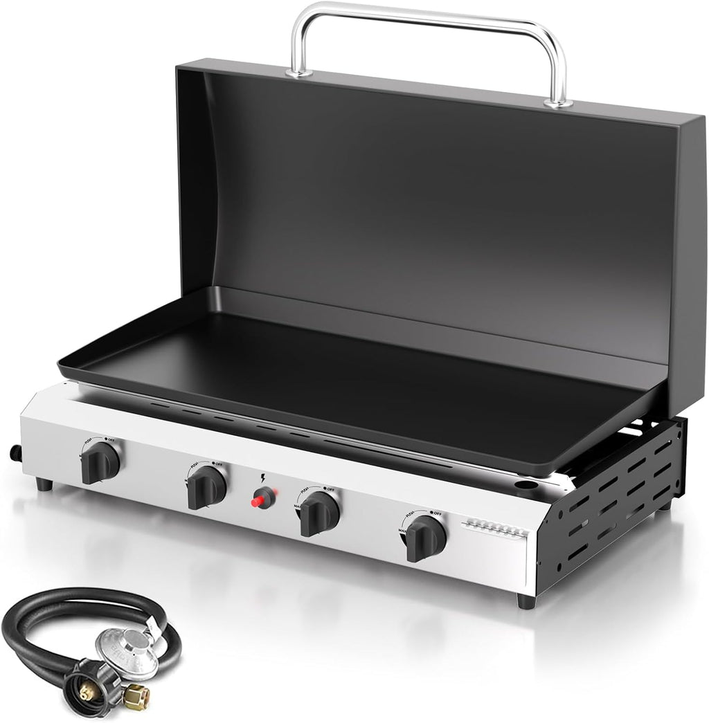 30'' Gas Griddle Flat Top Grill with Lid, 4-Burner Tabletop Portable Propane Griddle for Outdoor Cooking, BBQ, Camping & Tailgating Barbecue, 60,000BTU Output