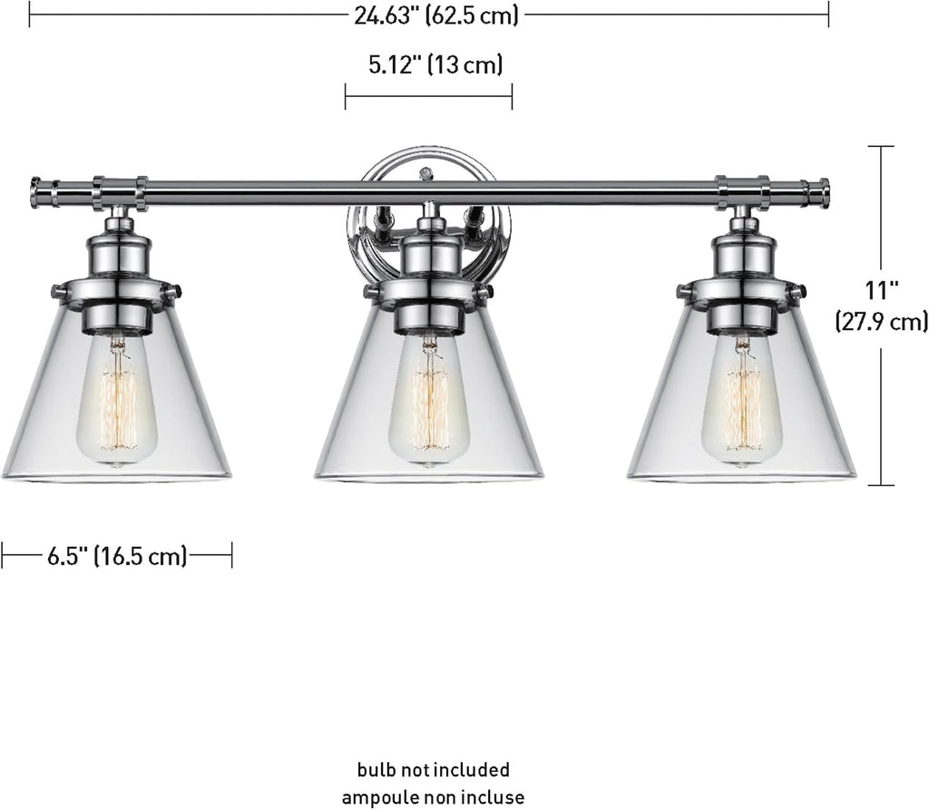 Globe Electric 51234 5-Piece All-in-One Bathroom Set, Chrome, 23' 3-Light Vanity Wall Light with Clear Glass Shades, Towel Bar and Ring, Robe Hook, Toilet Paper Holder, Beauty Room Accessories