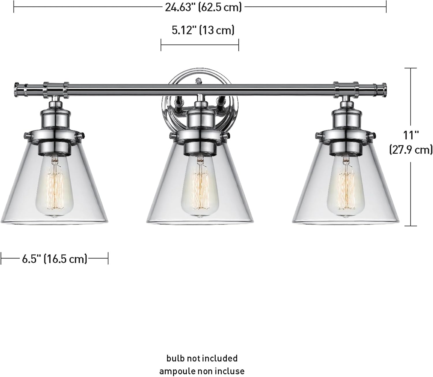 Globe Electric 51234 5-Piece All-in-One Bathroom Set, Chrome, 23' 3-Light Vanity Wall Light with Clear Glass Shades, Towel Bar and Ring, Robe Hook, Toilet Paper Holder, Beauty Room Accessories