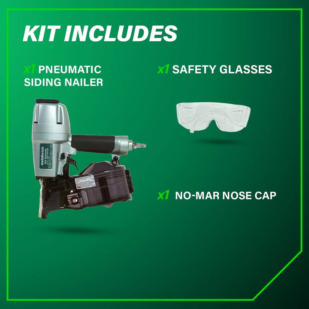 Metabo HPT Coil Siding Nailer, Pro-preferred Pneumatic Power Nailers in Siding Tools, For Sheathing, Decking & Fencing, 15° Plastic Collated Nails and 16° Wire Coil Nails, NV65AH2