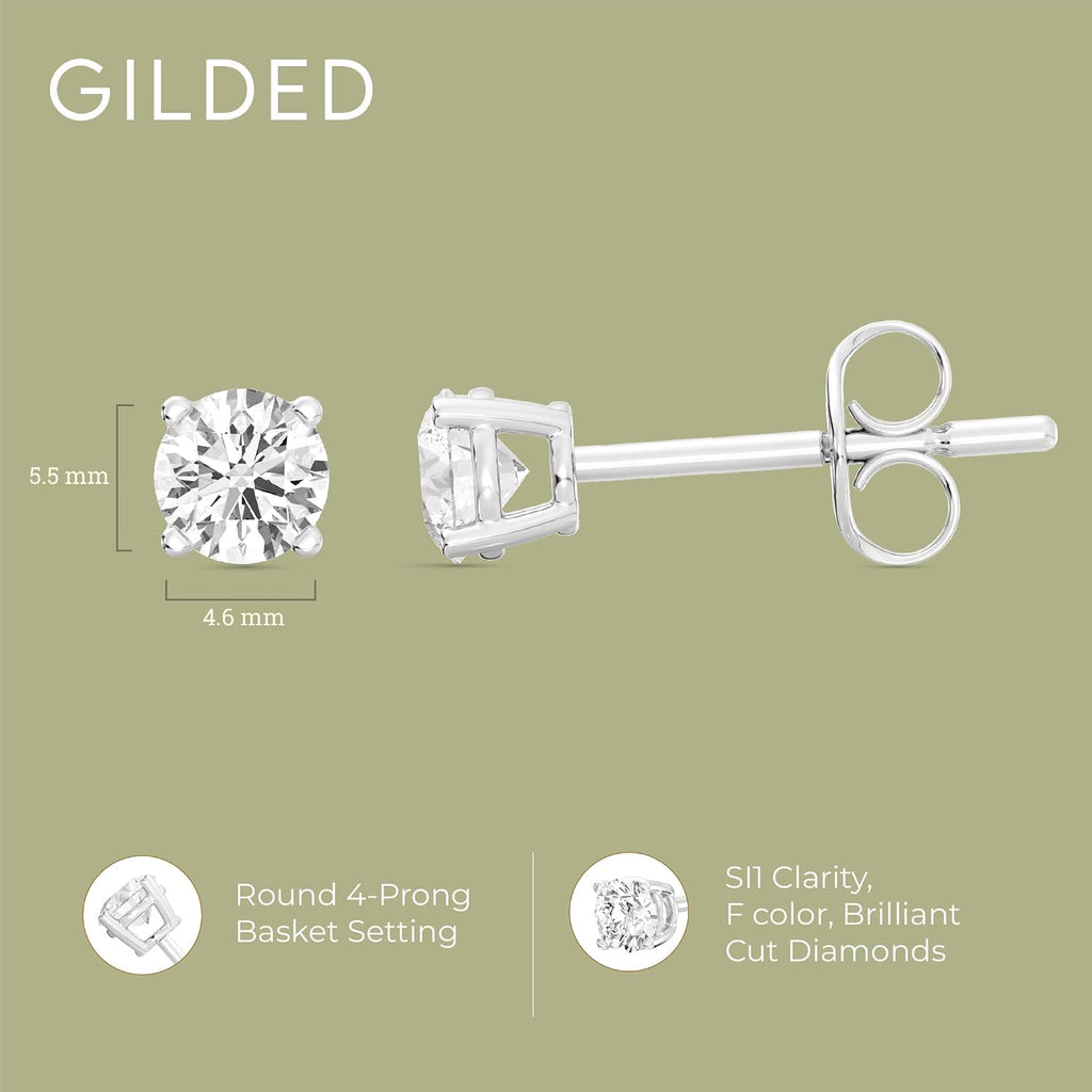 Gilded Lab-Grown Diamond Stud Earrings | 925 Sterling Silver Studs and 14KT Gold 925 Plated Silver | Hypoallergenic Fine Jewelry | 4-Prong Basket, Push Back Nut | Round Cut, SI1 Clarity, F Color | 1/10,1/5,1/4,1/3,3/8,1/2,3/4,7/8,1,1 1/2 ct tw