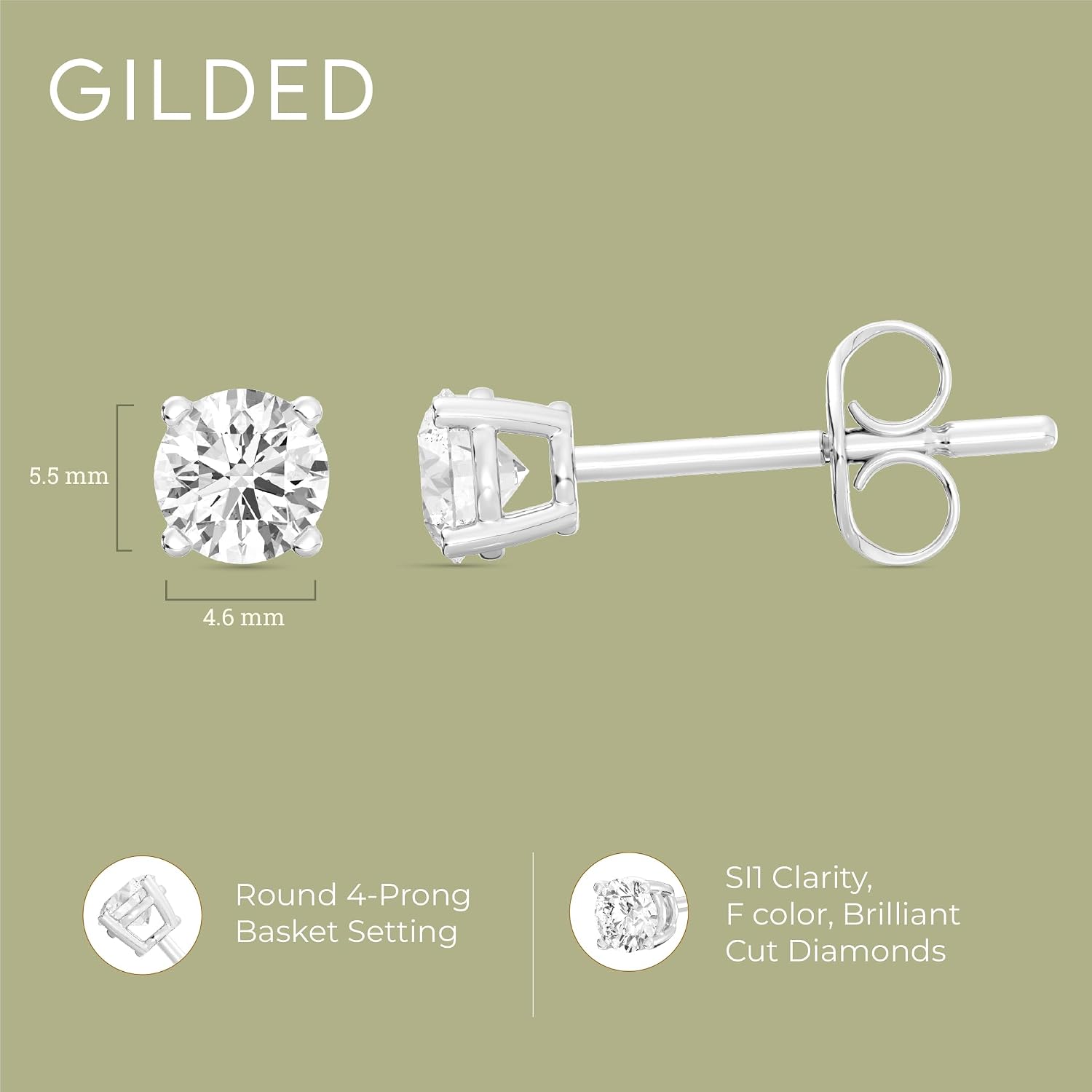 Gilded Lab-Grown Diamond Stud Earrings | 925 Sterling Silver Studs and 14KT Gold 925 Plated Silver | Hypoallergenic Fine Jewelry | 4-Prong Basket, Push Back Nut | Round Cut, SI1 Clarity, F Color | 1/10,1/5,1/4,1/3,3/8,1/2,3/4,7/8,1,1 1/2 ct tw
