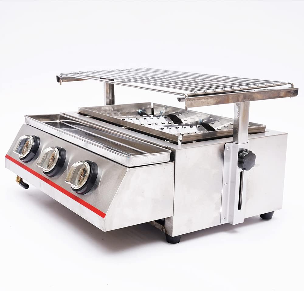 Commercial Countertop Gas Grill, 3 Burner LPG Indoor Smokeless Gas Grill Barbecue Griddle, Adjustable Height Non-stick Stainless Steel Gas Yakitori Grill for Restaurant, Camping, Picnic