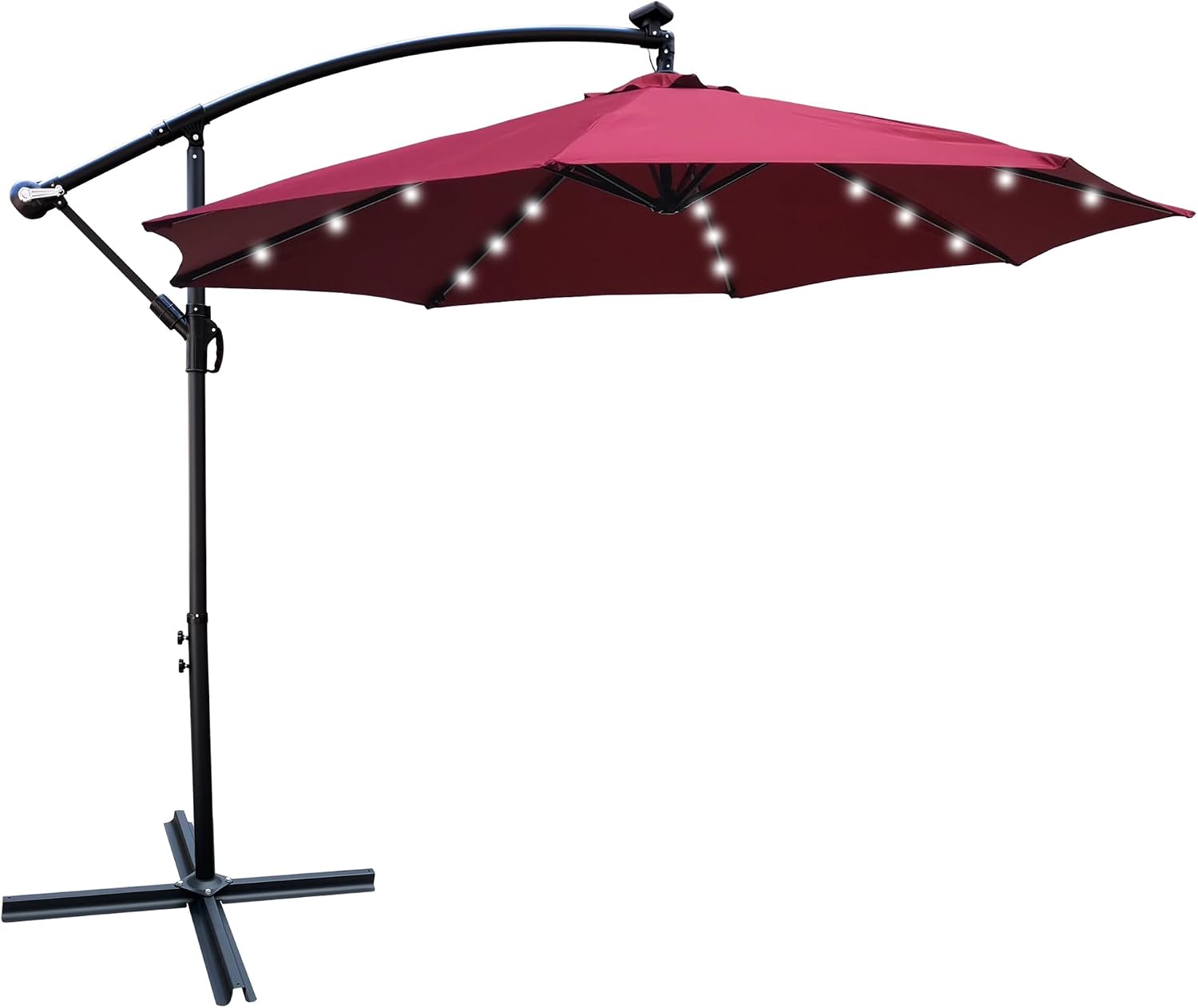 10FT Solar Powered Patio Umbrella, Market Table Umbrella with 24 LED Lights & 8 Sturdy Ribs, Cantilever Patio Umbrella with base, Offset Umbrella for Garden Lawn Deck Backyard Pool