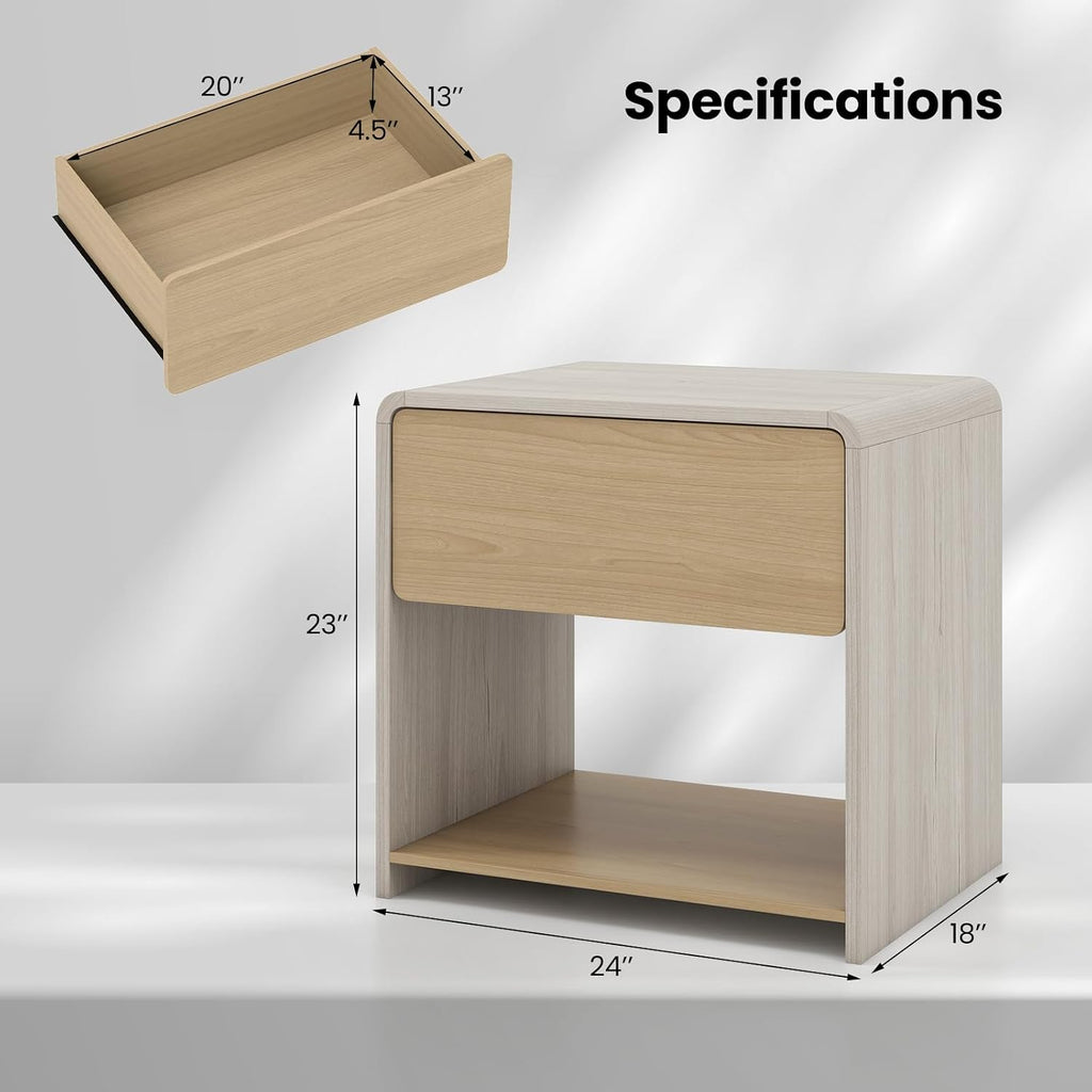 Giantex Modern Nightstand with Drawer Set of 2, Wooden Bedside Table with Storage Open Shelf, Accent End Table for Small Spaces, Curve Design Night Stand for Bedroom Couch Sofa Home Office, Oak