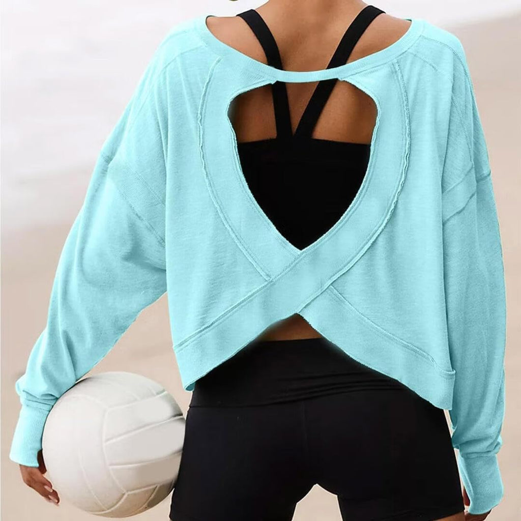 FMCHICO Backless Top for Women Crop Oversized Crewneck Pullovers Casual Loose Long Sleeve Shirts Running Y2k Yoga Outfits
