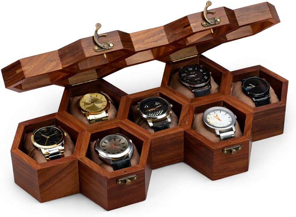 Royal Craft Expertise Handcrafted 7 Slot Wooden Watch Box for Men – Vintage Honeycomb Display Case in Indian Rosewood | Includes Velvet Pillows – Luxury Gift for Him – Built to Last