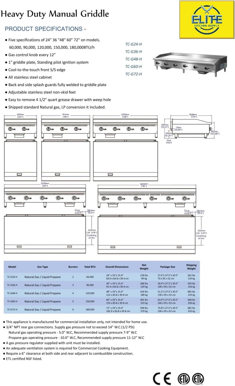 Commercial 72' gas heavy duty griddle ETL