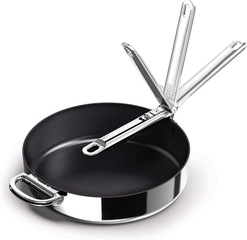 Joseph Joseph Space Steel 11' Nonstick Stainless-Steel Frying Pan Skillet with Folding Handle, Ceramic Coating, Induction & Oven Safe