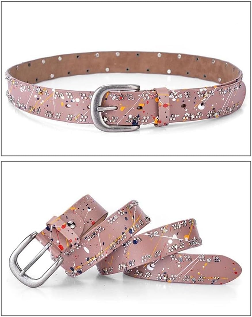 Women Genuine Leather Belt Colorful Rivet Vintage Style For Jeans Streetwear