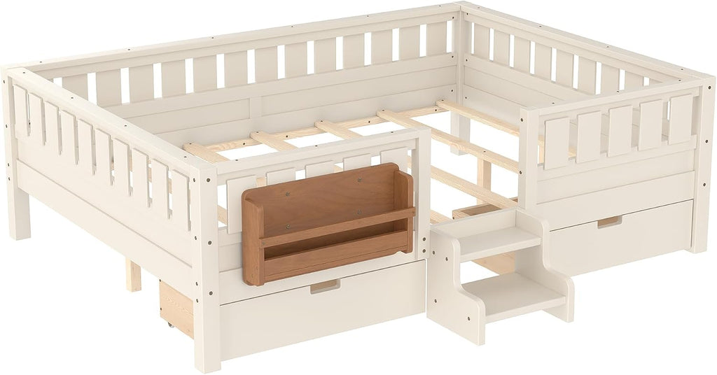 Bellemave Queen Size Montessori Bed with Slats and Stairs, Queen Size Platform Bed Frame with Fence, Bookshelf and Storage Drawers, Low Profile Beds Beds for Girls, Boys, Beige