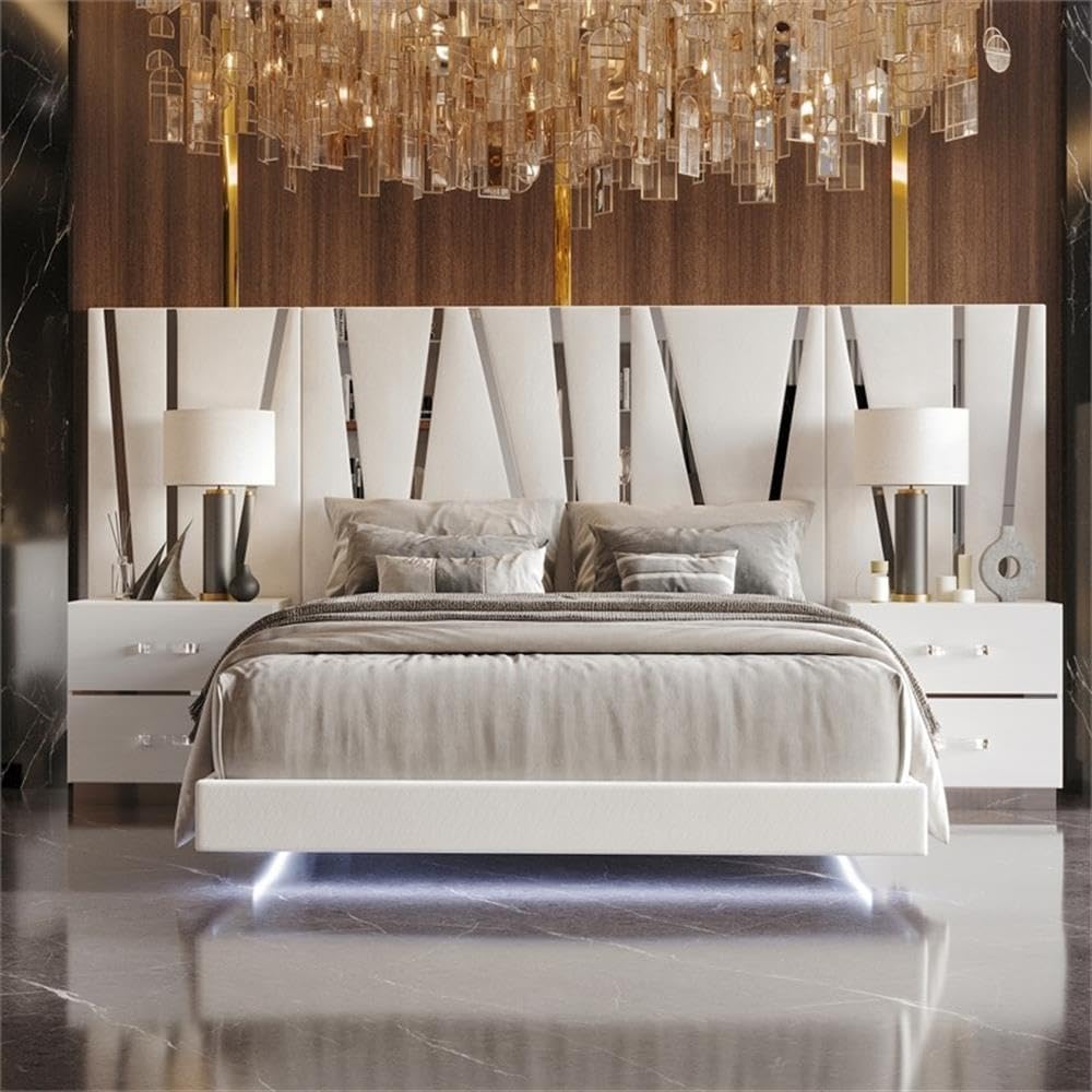 Pemberly Row Contemporary King Bed Set, Solid + Manufactured Wood, White Finish, Includes Nightstands with Drawers, Glossy Headboard Wall Design, Polyester Upholstery, Modern Bedroom Furniture