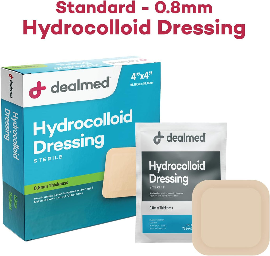 Dealmed Hydrocolloid Dressings–4' x 4' Standard Thickness Hydrocolloid Bandages, Wound Care Products for First Aid Kits, Box of 10, 24 Per Case and Individually Packed