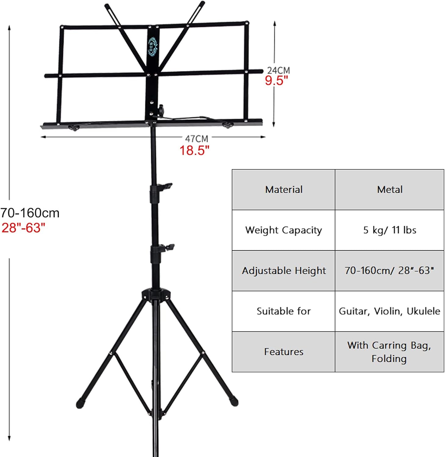 Folding Wire Sheet Music Stand for Guitar Players, Portable Black Instrumental Book Holder with Carrying Bag, Stage Studios Church School