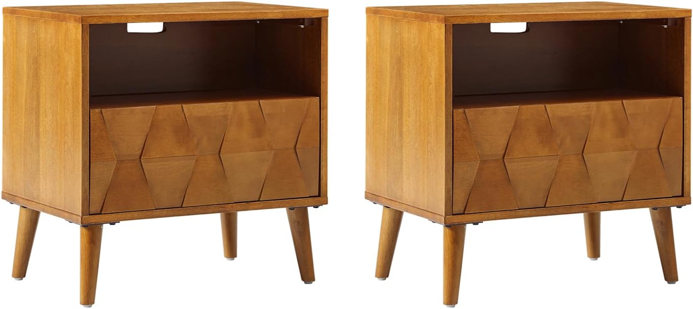 HULALA HOME Mid Century Modern Nightstand with Solid Wood Legs,Drawer Organizer with Charging Station, Geometric Pattern Nightstand Set of 2, Acorn