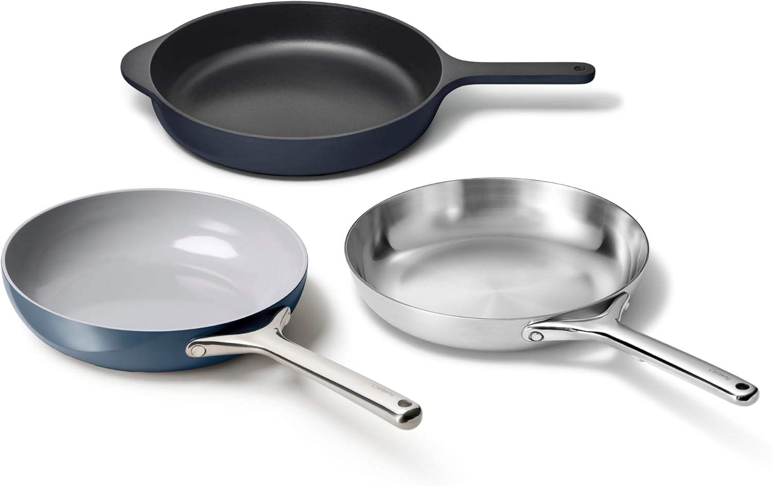 Caraway Fry Pan Sampler Bundle - 10.5' Non-Stick Ceramic Frying Pan, 10.5' Stainless Steel Fry Pan, 10.5' Enameled Cast Iron Skillet - Non Toxic, Oven Safe - Navy