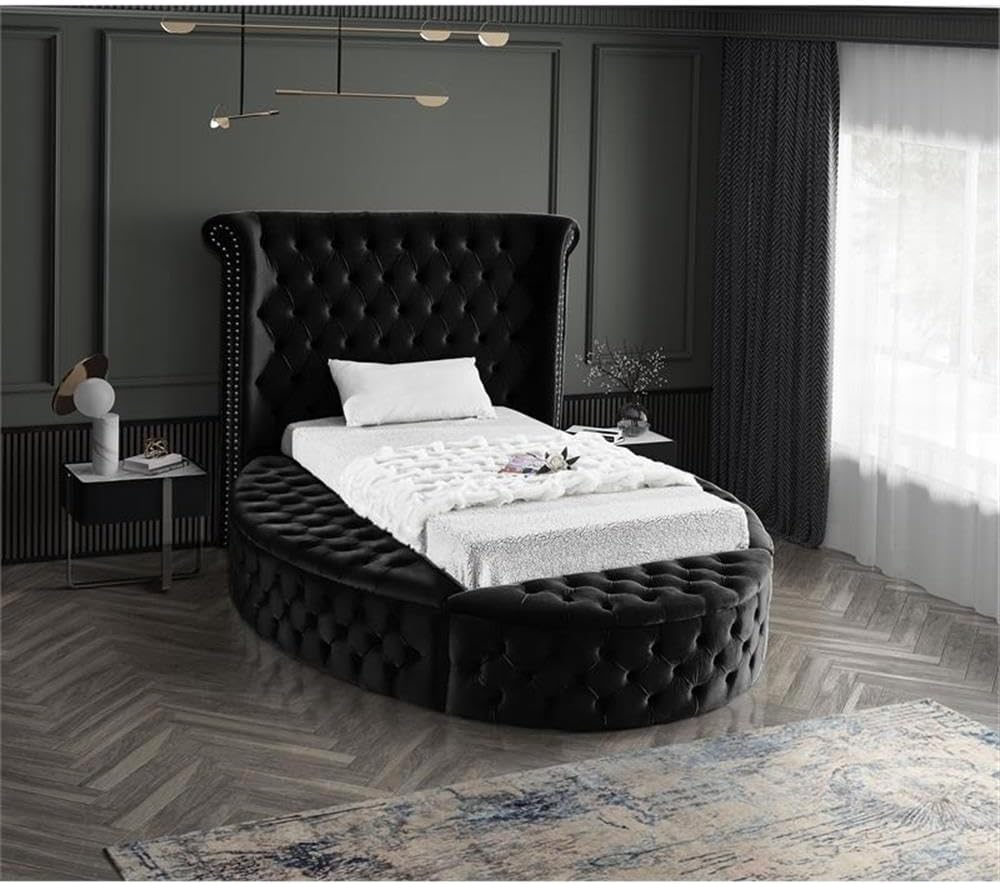 Meridian Furniture Luxus Collection Modern | Contemporary Round Shaped Velvet Upholstered Bed with Deep Button Tufting and Footboard Storage, Twin, Black