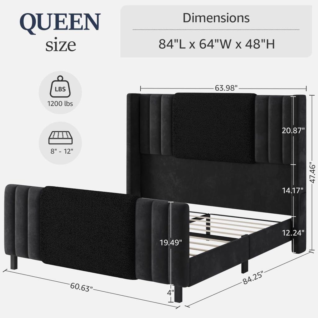 Lihimte Queen Size Bed Frame with Tall Headboard and Footboard, Boucle and Velvet Upholstered Bed Frame Queen with LED Lights, Modern Platform Bed Frames, Noiseless, Easy Assembly, Black