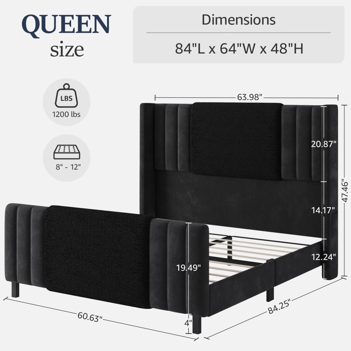 Lihimte Queen Size Bed Frame with Tall Headboard and Footboard, Boucle and Velvet Upholstered Bed Frame Queen with LED Lights, Modern Platform Bed Frames, Noiseless, Easy Assembly, Black