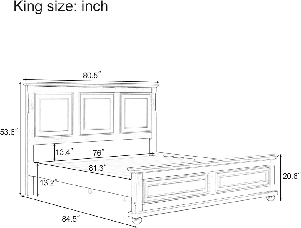 Merax King Size Bed Frames Traditional Town and Country Style Pinewood Vintage Bed,No Box Spring Needed,White