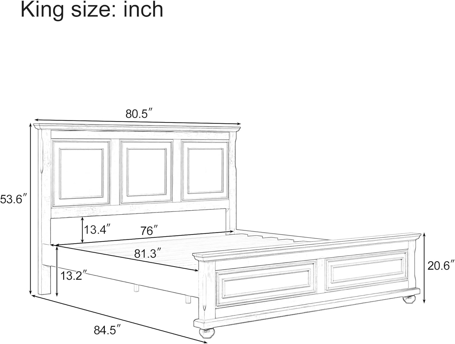 Merax King Size Bed Frames Traditional Town and Country Style Pinewood Vintage Bed,No Box Spring Needed,White