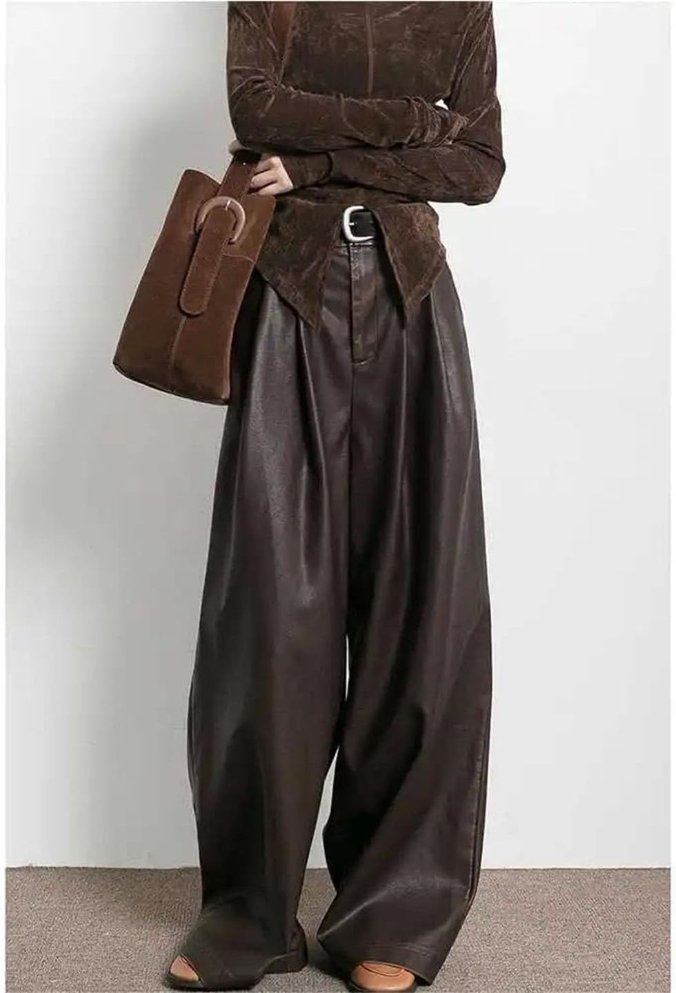 Women's American Leather Pants Autumn and Winter Retro Design Pleated Wide Leg Pants
