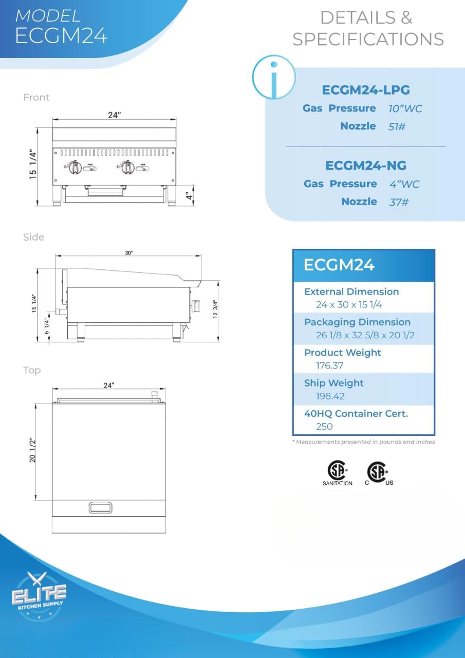 Commercial Countertop Griddle, ETL 24' Flat Top Grill Natural Gas (NG) / Propane, 2 Burners - 60000BTU