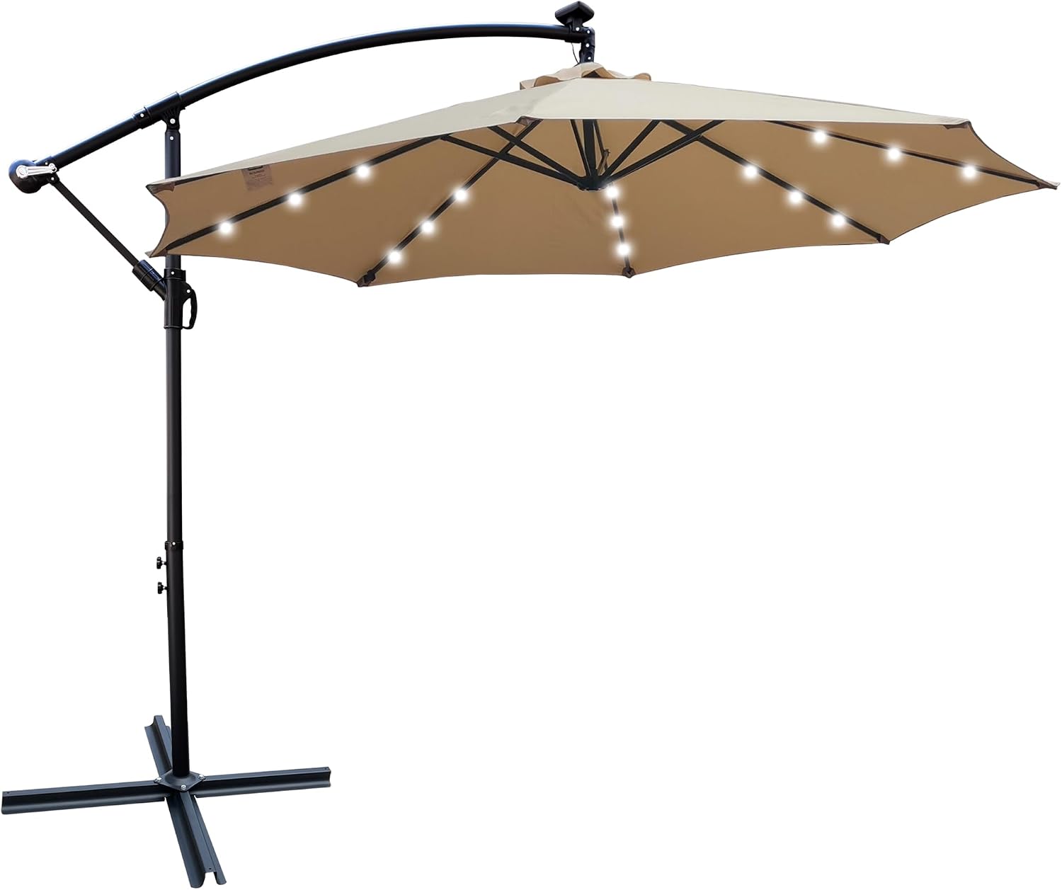 10FT Solar Powered Patio Umbrella, Market Table Umbrella with 24 LED Lights & 8 Sturdy Ribs, Cantilever Patio Umbrella with base, Offset Umbrella for Garden Lawn Deck Backyard Pool