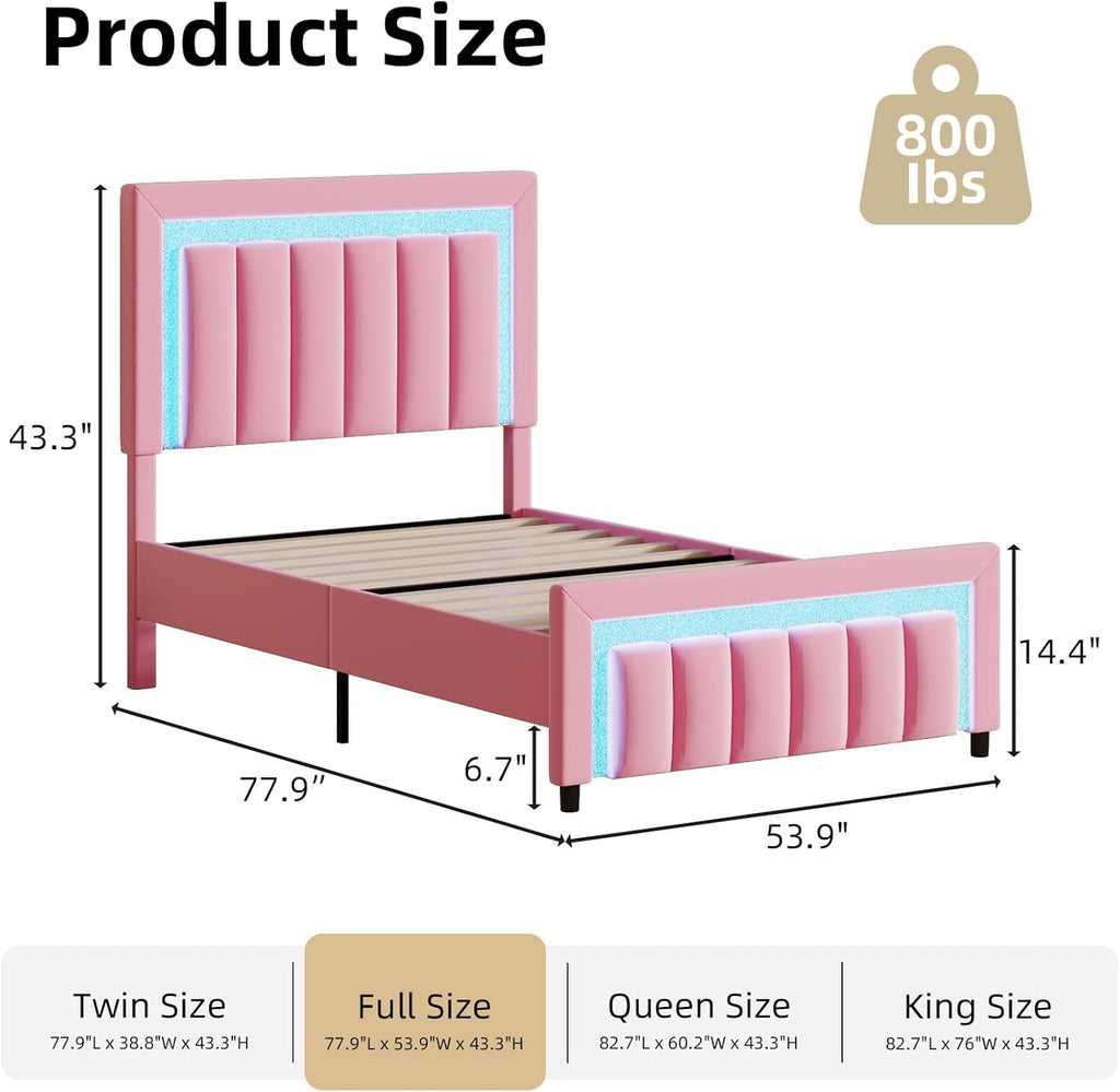 HOMBCK Full Size Bed Frame with LED Lights and Velvet Upholstered Adjustable Headboard, Bed Frame Full with Diamond Headboard & Footboard, Wooden Slats Support, Noise Free, No Box Spring Needed, Pink