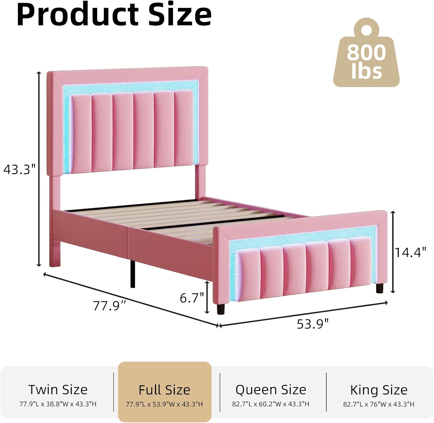 HOMBCK Full Size Bed Frame with LED Lights and Velvet Upholstered Adjustable Headboard, Bed Frame Full with Diamond Headboard & Footboard, Wooden Slats Support, Noise Free, No Box Spring Needed, Pink