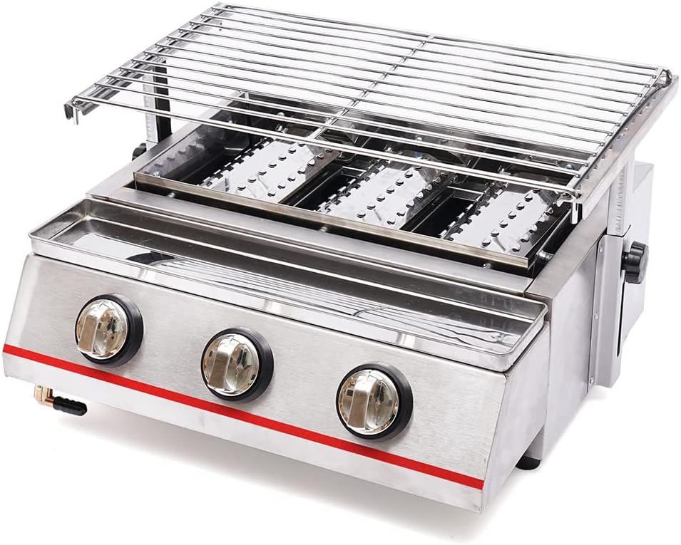 Commercial Countertop Gas Grill, 3 Burner LPG Indoor Smokeless Gas Grill Barbecue Griddle, Adjustable Height Non-stick Stainless Steel Gas Yakitori Grill for Restaurant, Camping, Picnic