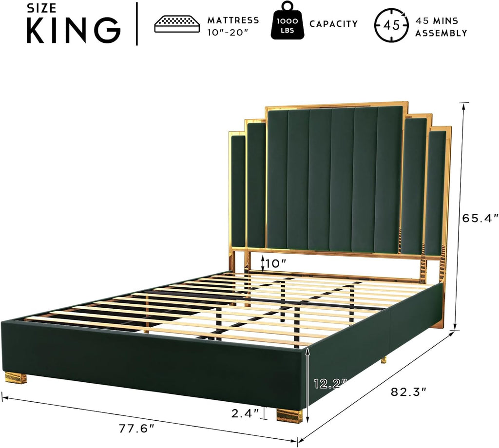 HOWE King Size Bed Frame and 65' Headboard, Upholstered Bed with Golden Plating Trim, Modern Platform Bed No Box Spring Needed, Green