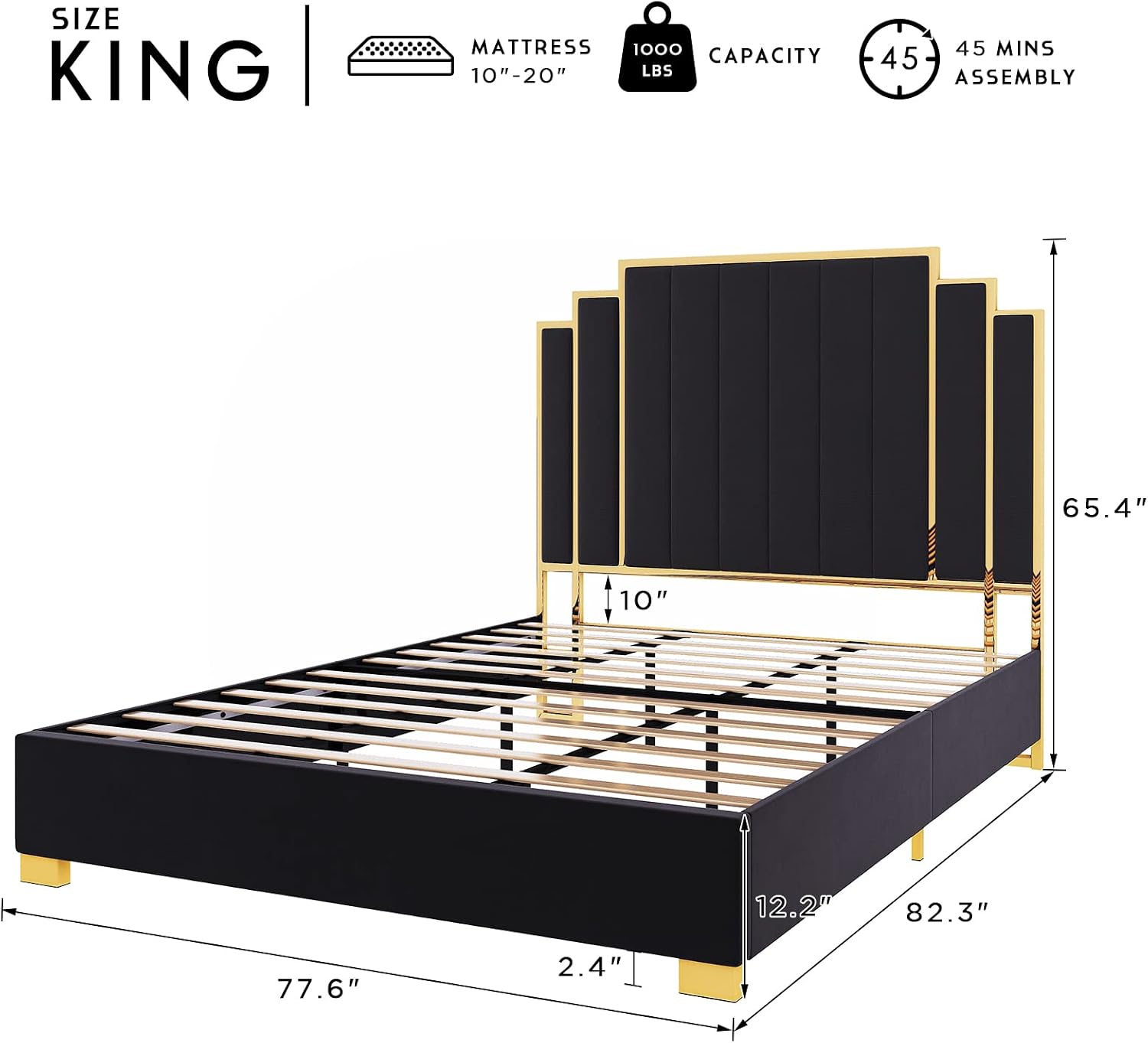 HOWE King Size Bed Frame and 65' Headboard, Upholstered Bed with Golden Plating Trim, Modern Platform Bed No Box Spring Needed, Black