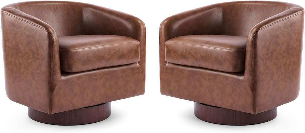 VINGLI 360°Swivel Accent Chairs Set of 2 with Engineered Wood Base and Removable Cushion for Living Room, Bedroom, Curved Back Barrel Chairs for Small Space, Upholstered Bucket Armchairs, Pu-Brown