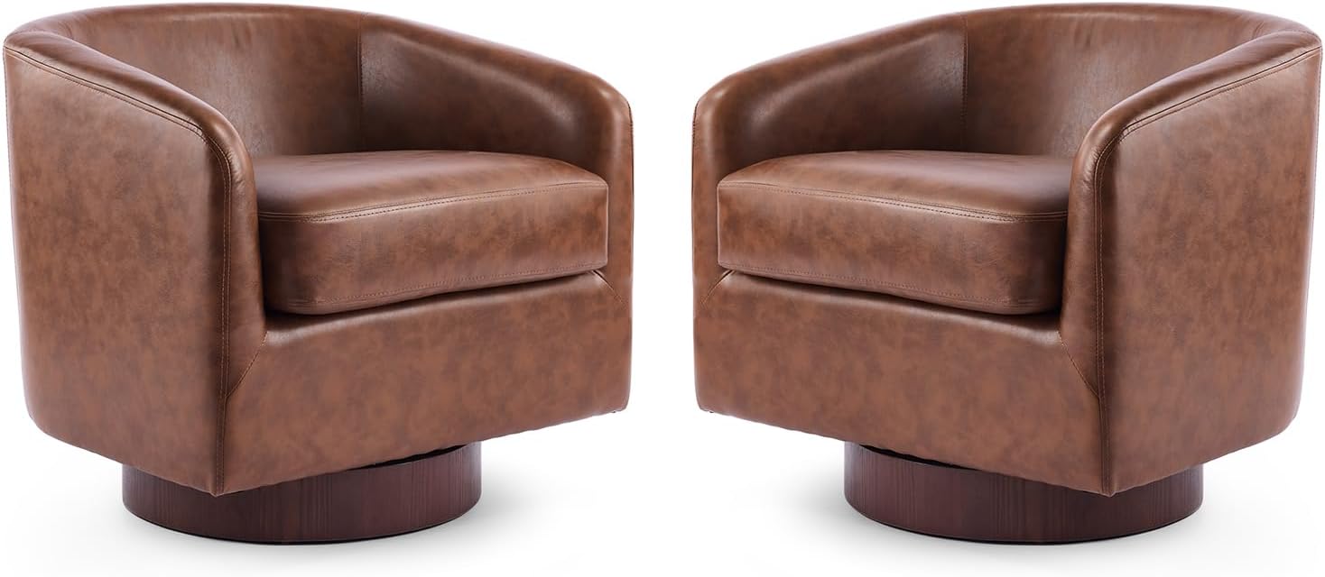 VINGLI 360°Swivel Accent Chairs Set of 2 with Engineered Wood Base and Removable Cushion for Living Room, Bedroom, Curved Back Barrel Chairs for Small Space, Upholstered Bucket Armchairs, Pu-Brown