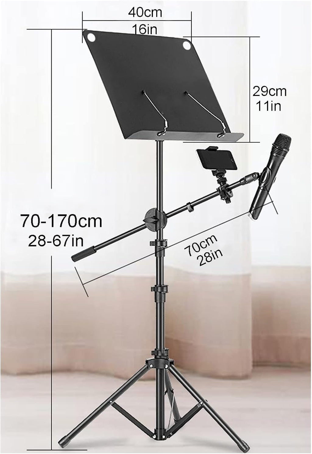 Extra Stable Metal Music Stand, Metal Folding Sheet Music Stand, Wide Tray, Strong Metal Tripod, Strongers Load Capacity, Music Stand with Phone Holder Microphone Holder,