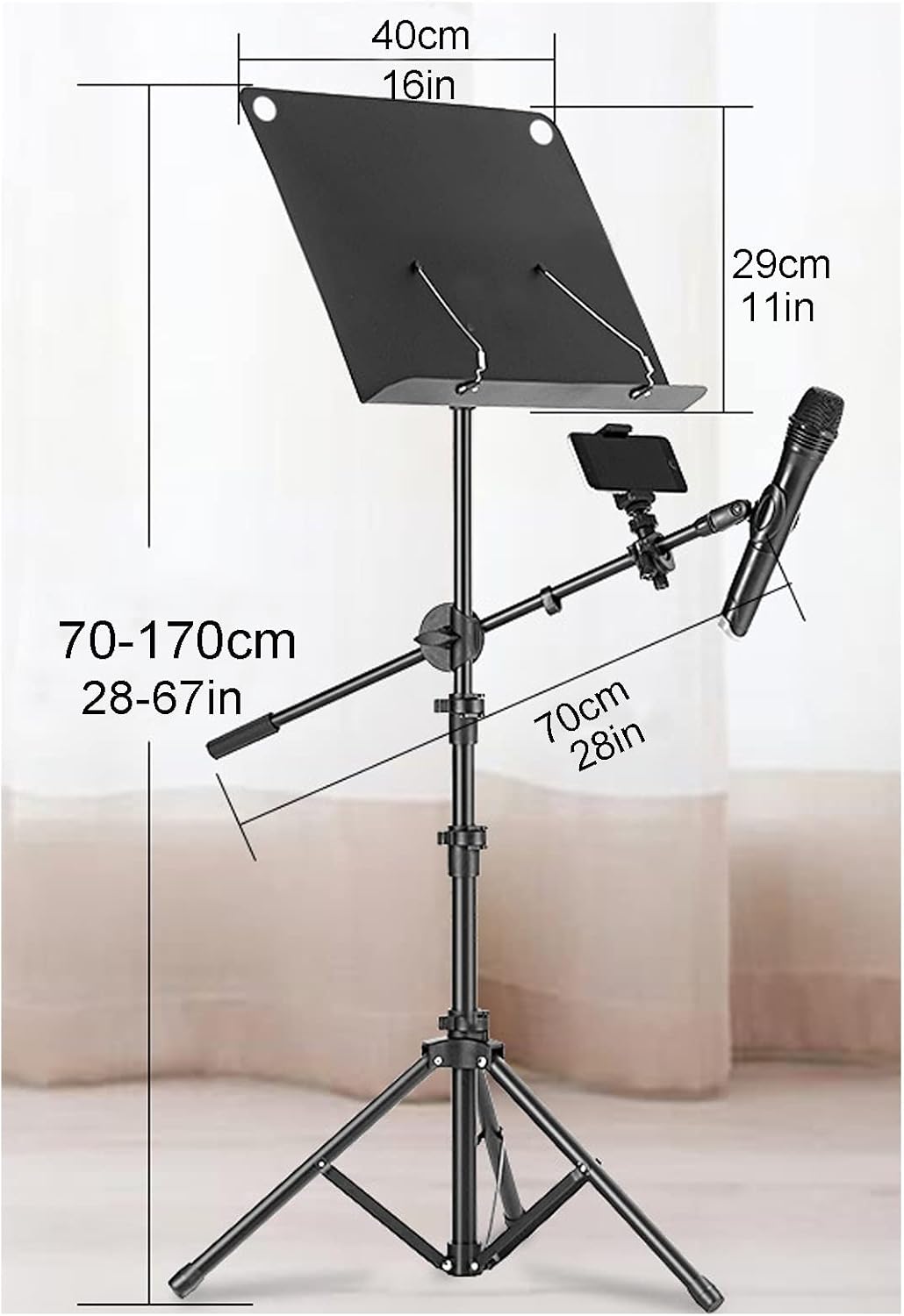 Extra Stable Metal Music Stand, Metal Folding Sheet Music Stand, Wide Tray, Strong Metal Tripod, Strongers Load Capacity, Music Stand with Phone Holder Microphone Holder,