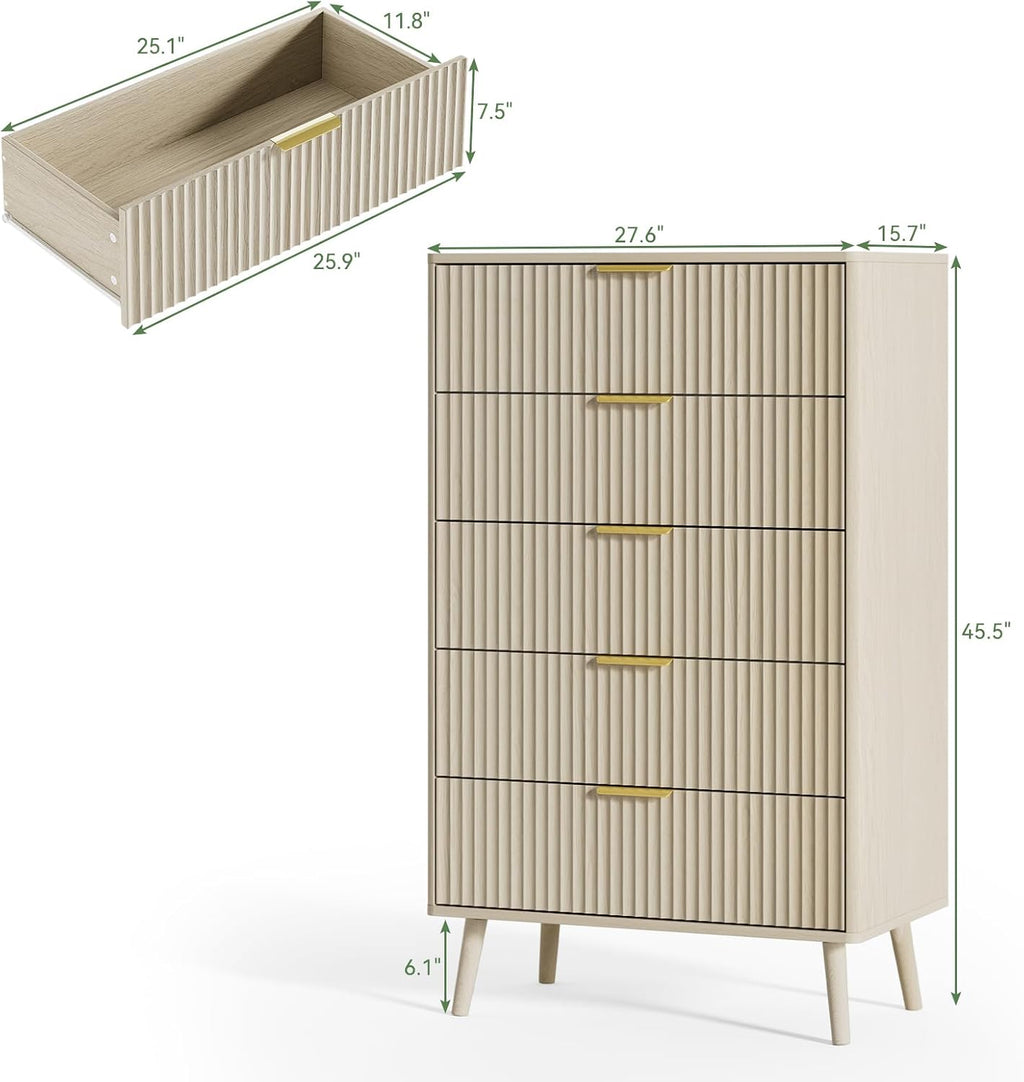 LYNSOM Fluted Dresser and Nightstand Sets 4 Piece, 2-Drawer Nightstands and 5/6 Drawers Dresser, Wood Bedroom Furniture Set for Home, Bedroom, Beige