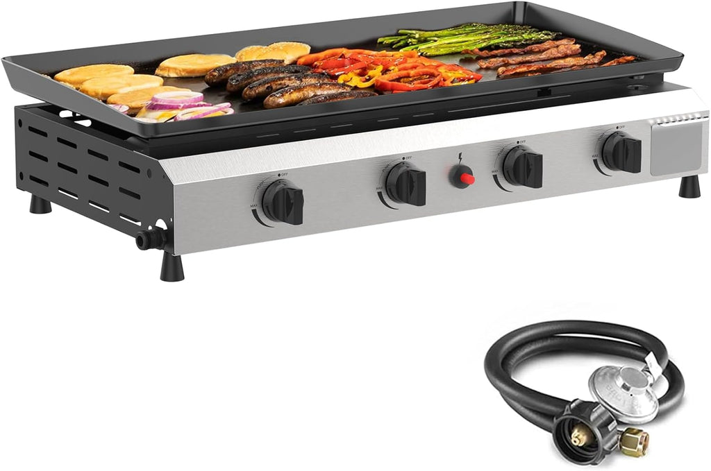 SKOK 4 Burner Flat Top Gas Griddle-30 Inch Outdoor Propane Griddle-40000 BTU Propane Fuelled, Portable Gas Grill Camping Griddle Station for Kitchen, BBQ, Camping