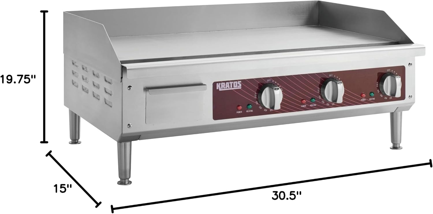 Kratos 30' Commercial Electric Countertop Griddle, Flat Top Stainless Steel Grill for Restaurants, 208/240V, 3375-4500 Watts (29M-007)