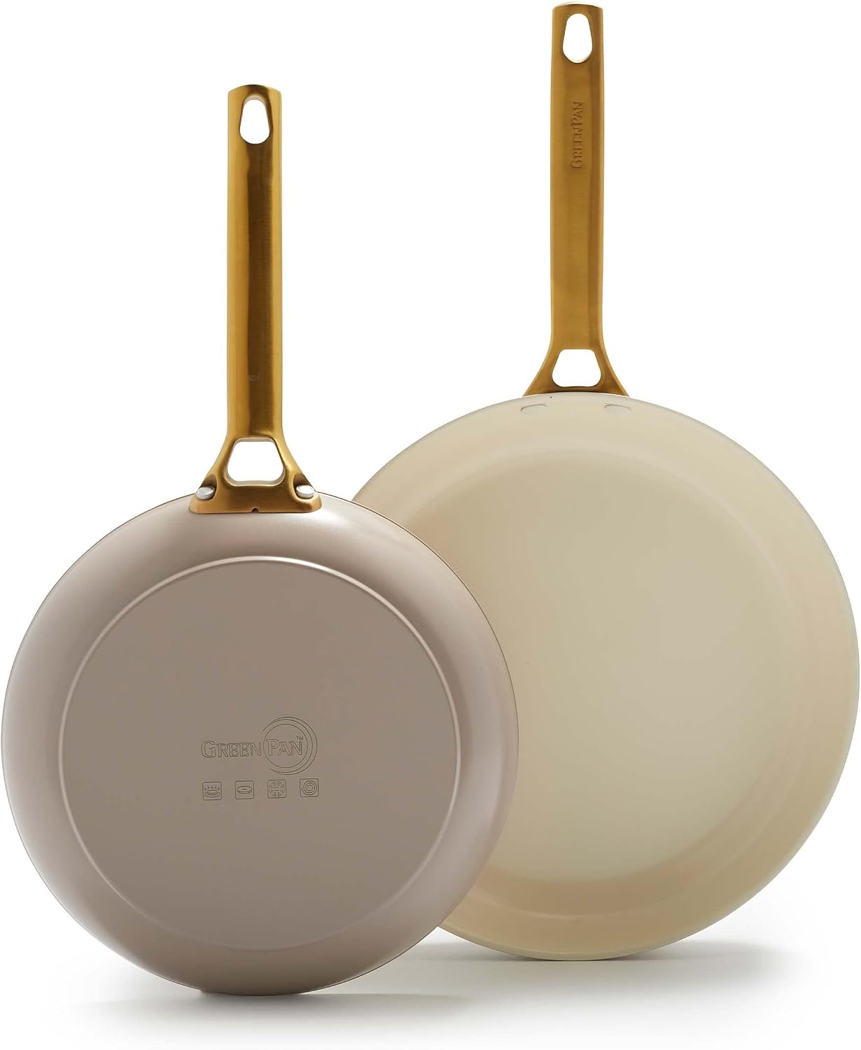 GreenPan Hard Anodized Healthy Ceramic Nonstick 10' and 12' Frying Pan Skillet Set, Gold Handle, PFAS-Free, Dishwasher Safe, Oven Safe, Taupe