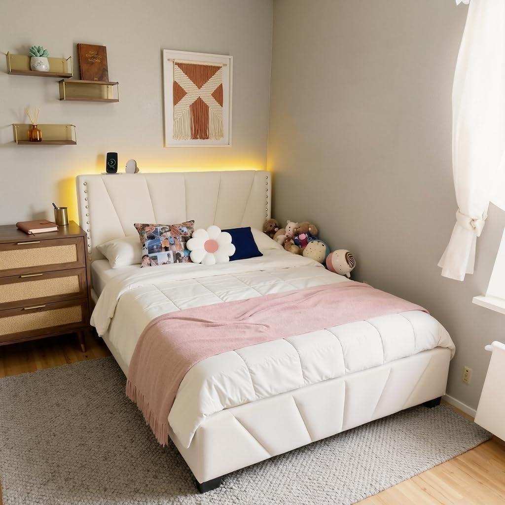 EnHomee Twin Platform Bed Frame with Velvet Upholstered Adjustable Headboard, LED Lights, and Charging Station for Bedroom, Apartment, and Dorm, No Box Spring Needed, Noise-Free, Easy Assembly, Beige