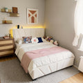 EnHomee Twin Platform Bed Frame with Velvet Upholstered Adjustable Headboard, LED Lights, and Charging Station for Bedroom, Apartment, and Dorm, No Box Spring Needed, Noise-Free, Easy Assembly, Beige