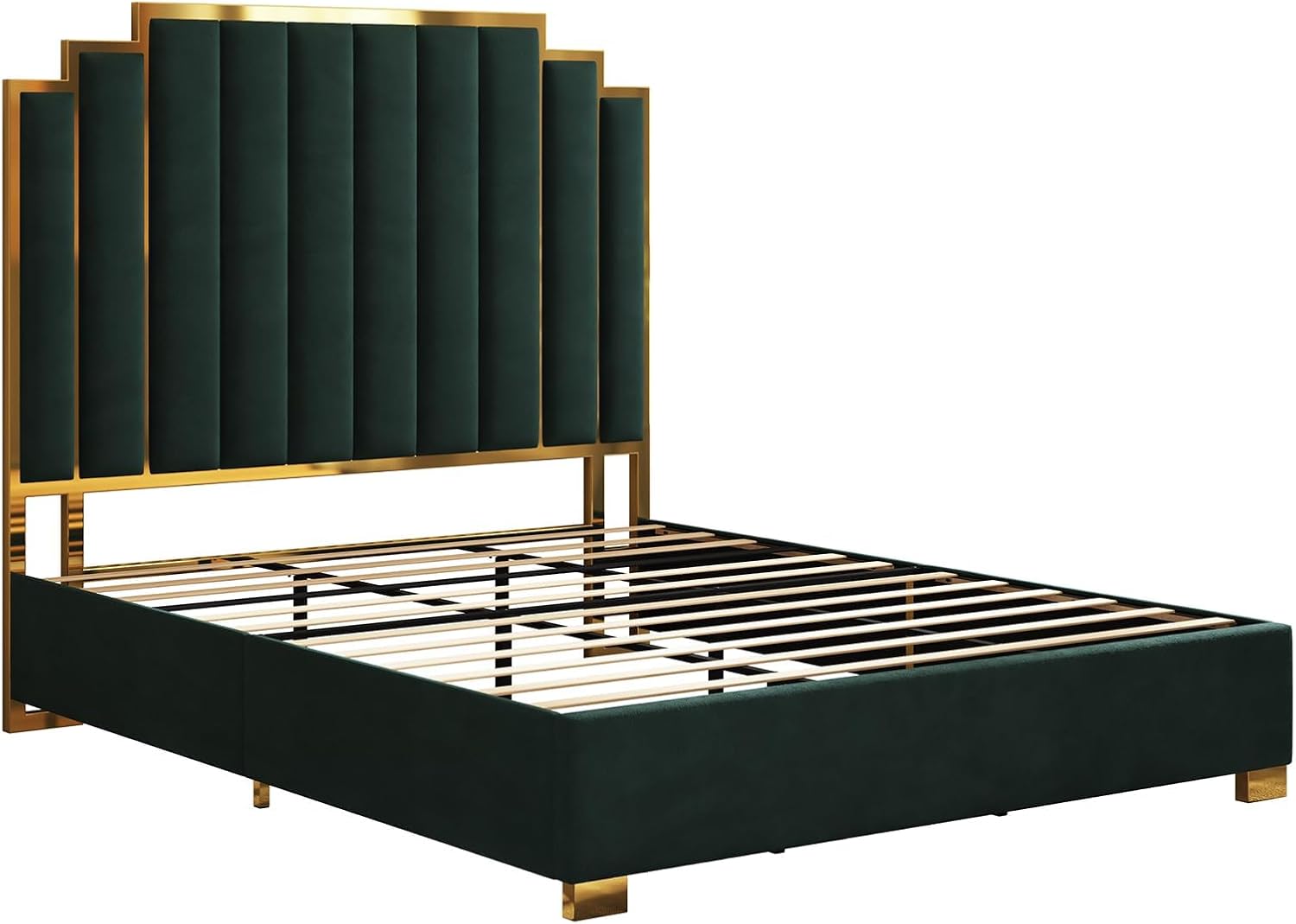 AMERLIFE California King Size Upholstered Bed, Modern Velvet Bed Frame with 65.4' Tall Gold Trim Headboard, No Box Spring Needed, Green