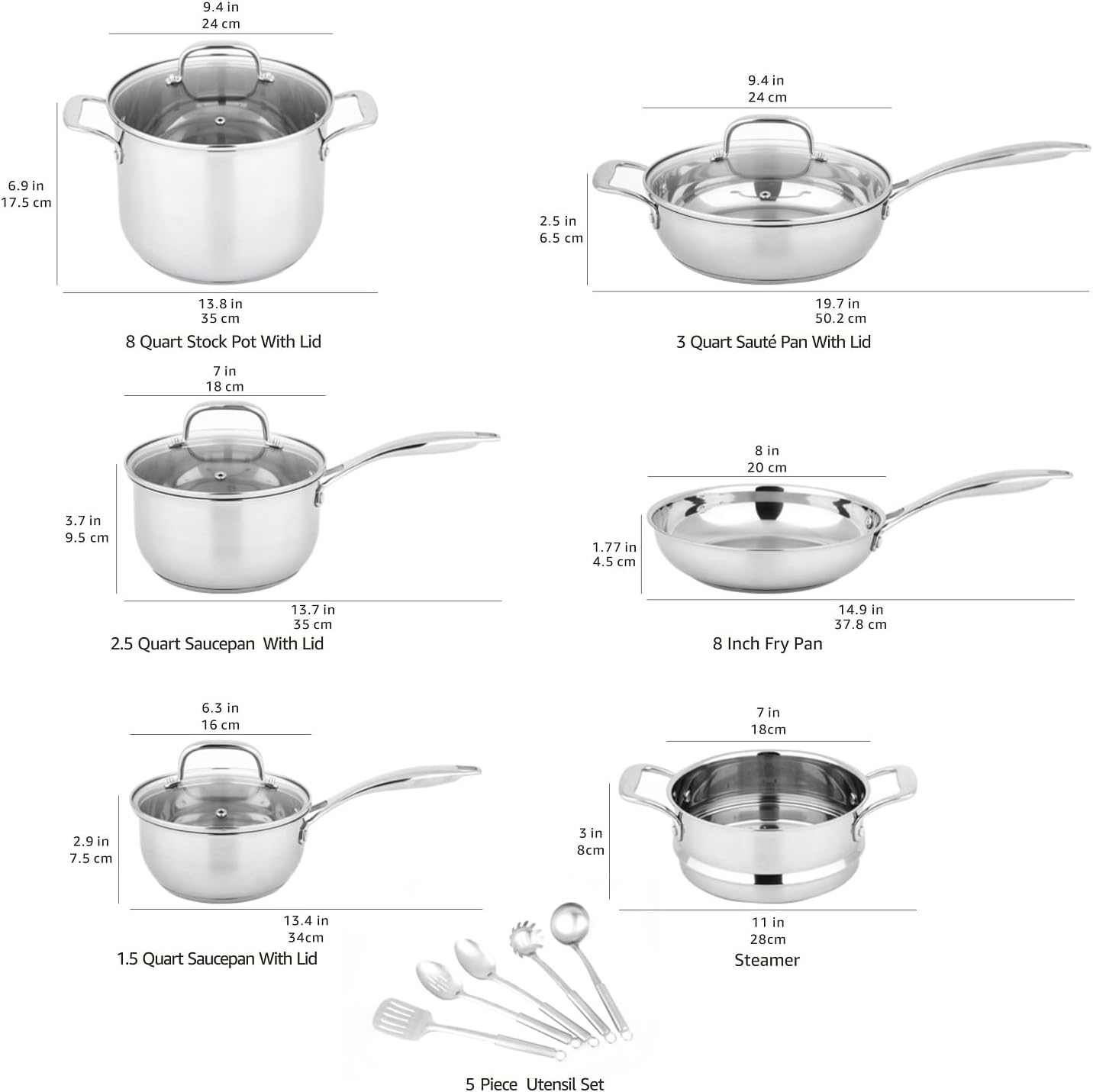Amazon Basics Stainless Steel Cookware 15-Piece Set, Oven Safe, Induction-Ready, Even Heating, Easy to Clean, Stay-Cool Handles, Pots and Pans, Silver