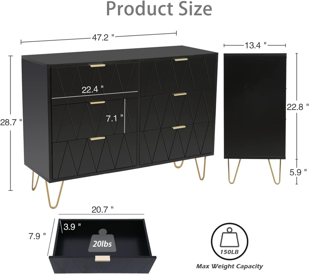 Anbuy Bedroom Sets 3 Piece Black 6 Drawer Dresser and Night Stand Sets for Bedroom, Two Drawers Nightstand Set of 2 & 6 Drawer Dresser Combo 3 Pieces (Black)