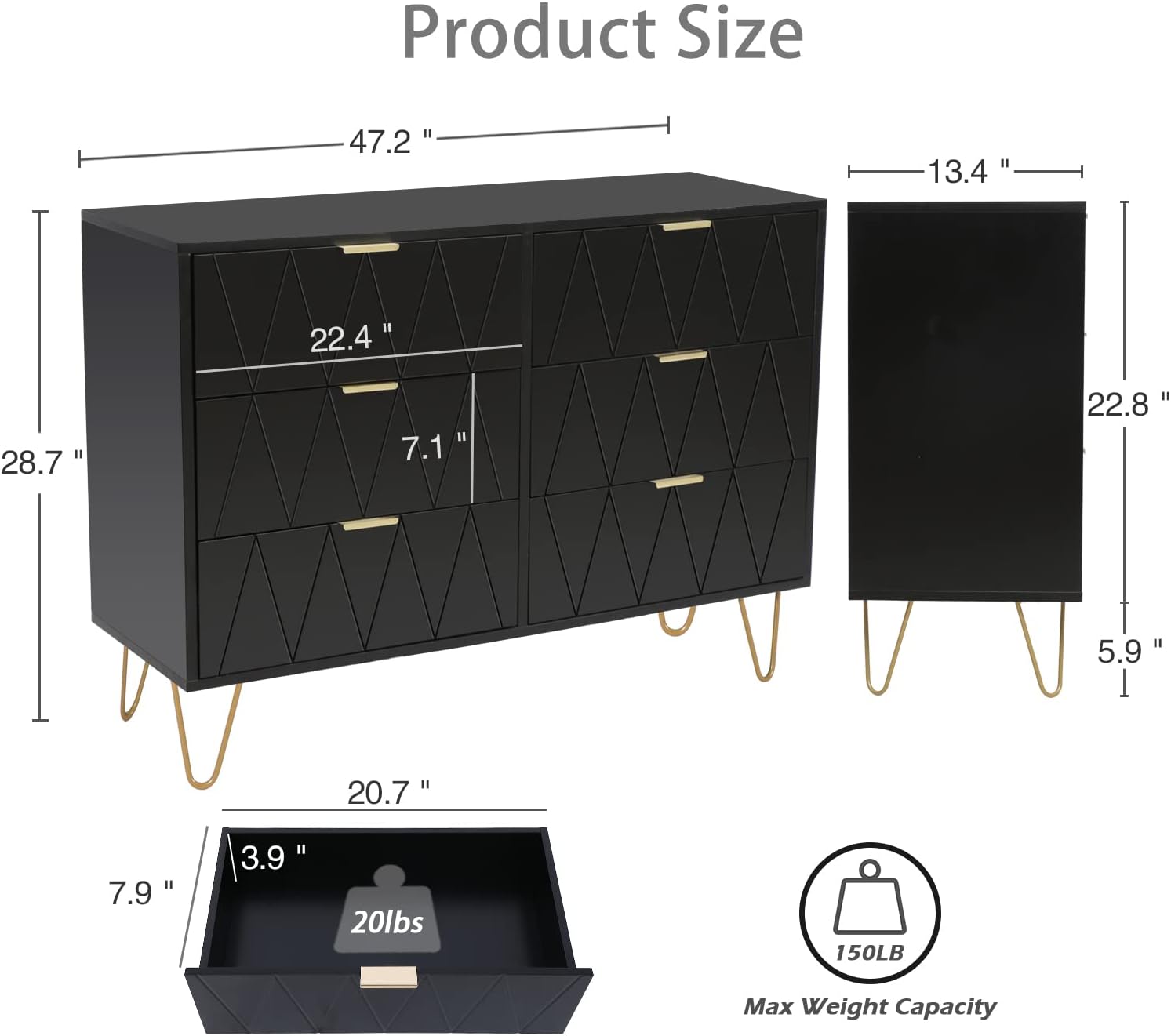 Anbuy Bedroom Sets 3 Piece Black 6 Drawer Dresser and Night Stand Sets for Bedroom, Two Drawers Nightstand Set of 2 & 6 Drawer Dresser Combo 3 Pieces (Black)
