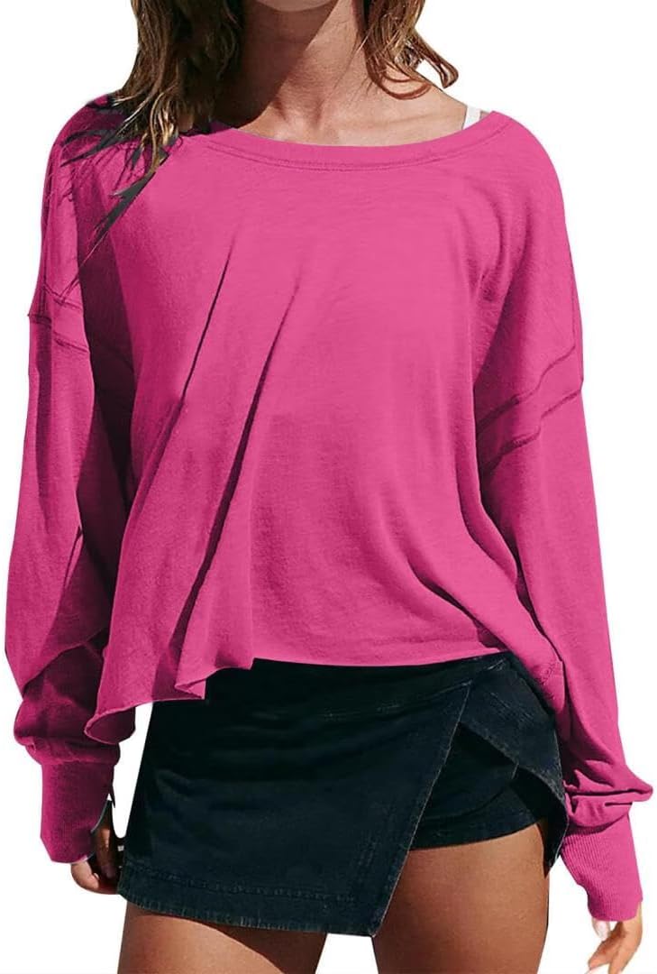 FMCHICO Backless Top for Women Crop Oversized Crewneck Pullovers Casual Loose Long Sleeve Shirts Running Y2k Yoga Outfits